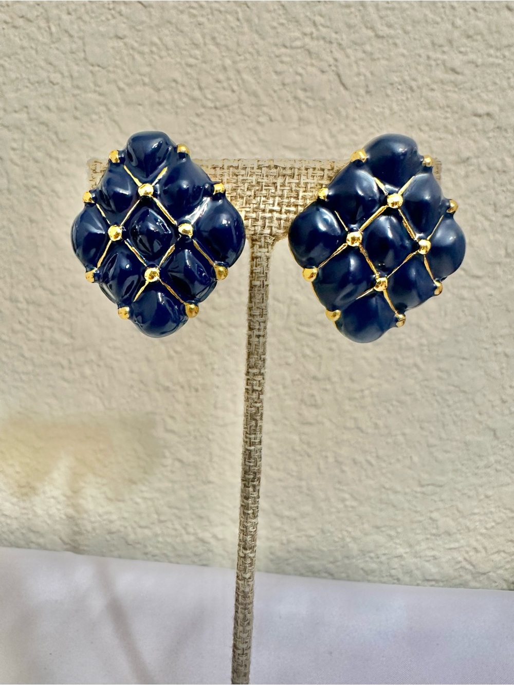 Vintage Gold Plated Navy Blue Cushion Clip Earrings w/ Gold Detailing